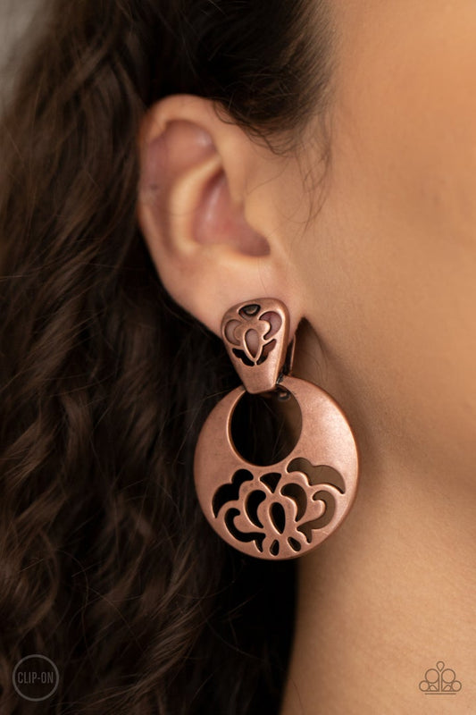 Industrial Eden (Copper Clip-On Earrings) by Paparazzi Accessories