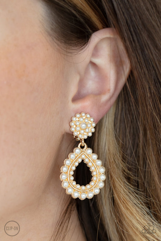 Discerning Droplets (Gold Clip-On Earrings) by Paparazzi Accessories