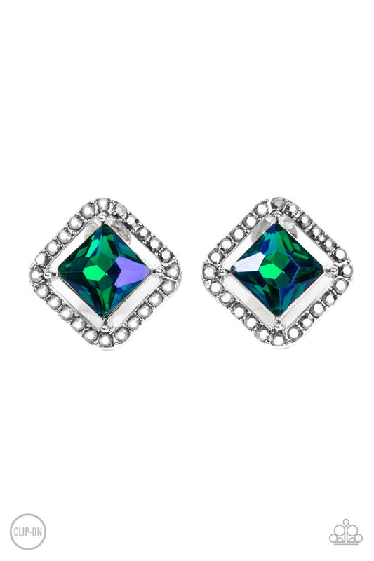Cosmic Catwalk (Green Clip-On Earrings) by Paparazzi Accessories