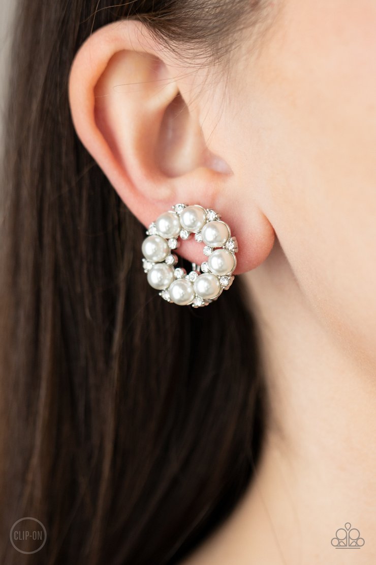 Roundabout Ritz (White Clip-On Earrings) by Paparazzi Accessories