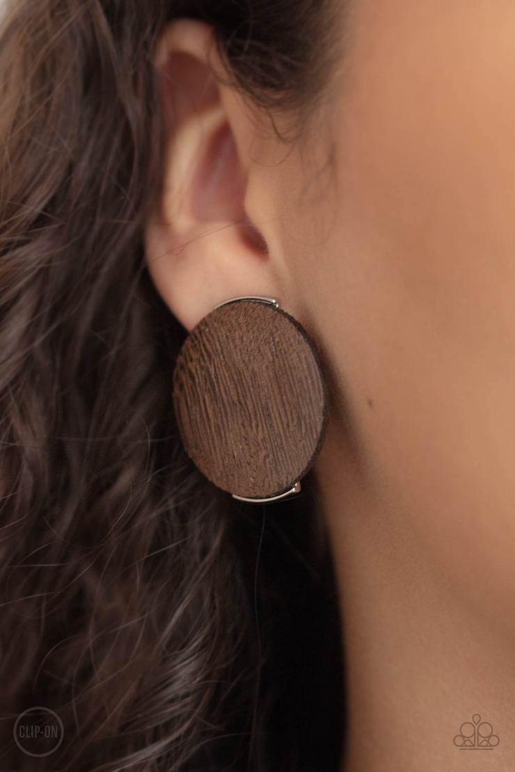 Woodwork It (Brown Clip-On Earrings) by Paparazzi Accessories